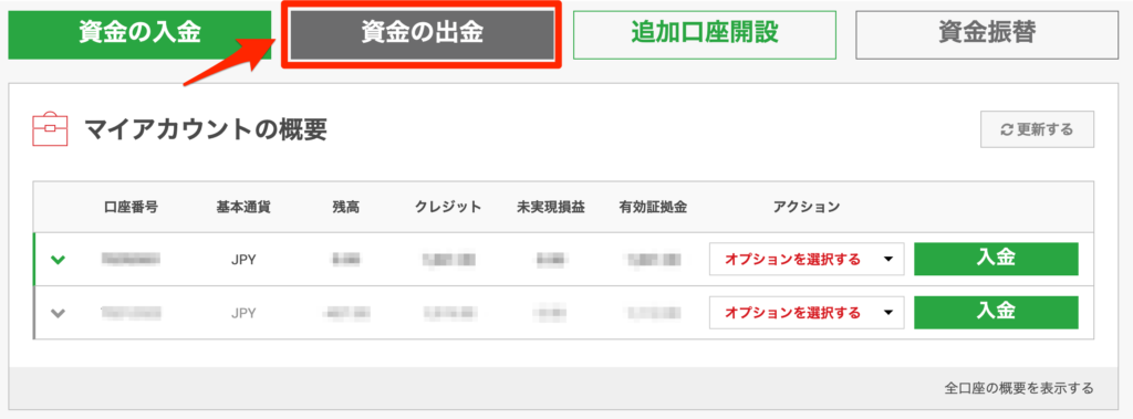 ①:マイページから「資金の出金」をチェック